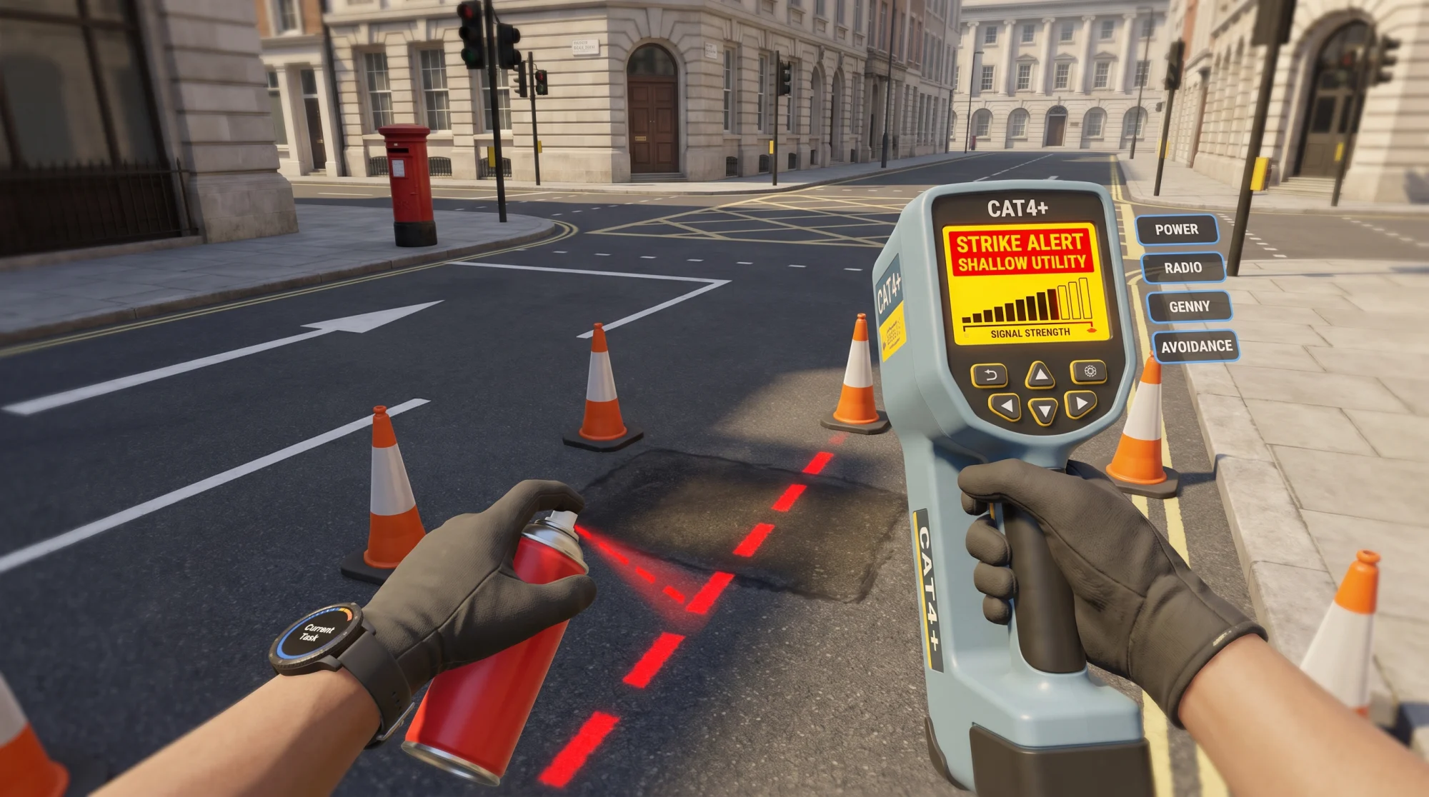 First-person VR view on a clean British street: right hand holds an upright CAT4+ scanner flashing a strike alert while the left hand sprays a red dashed line over a buried cable in an orange-coned work zone.