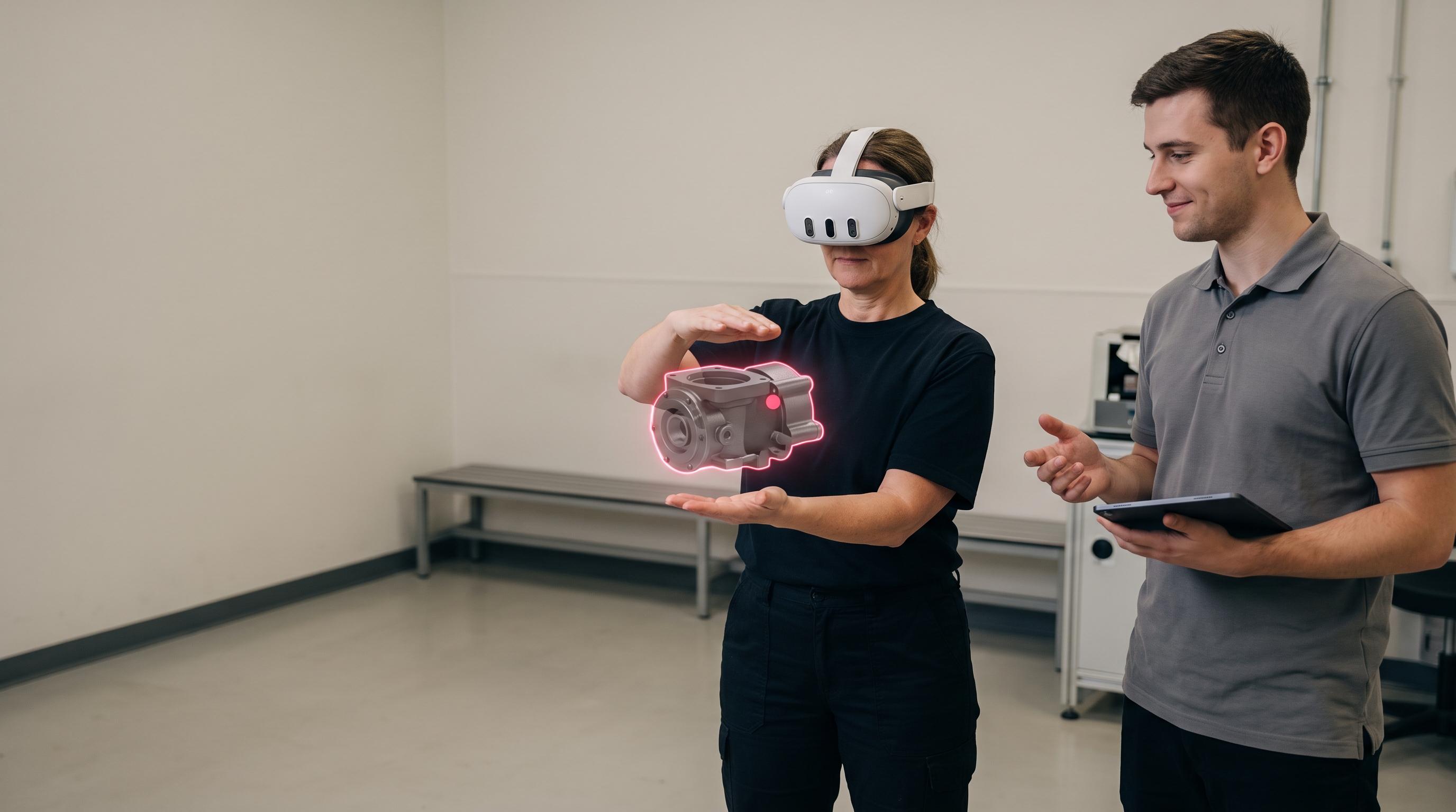 A frontline worker in a Meta Quest 3 headset taking a short training session in a workplace training corner, a facilitator beside her, handling a virtual component held between both hands
