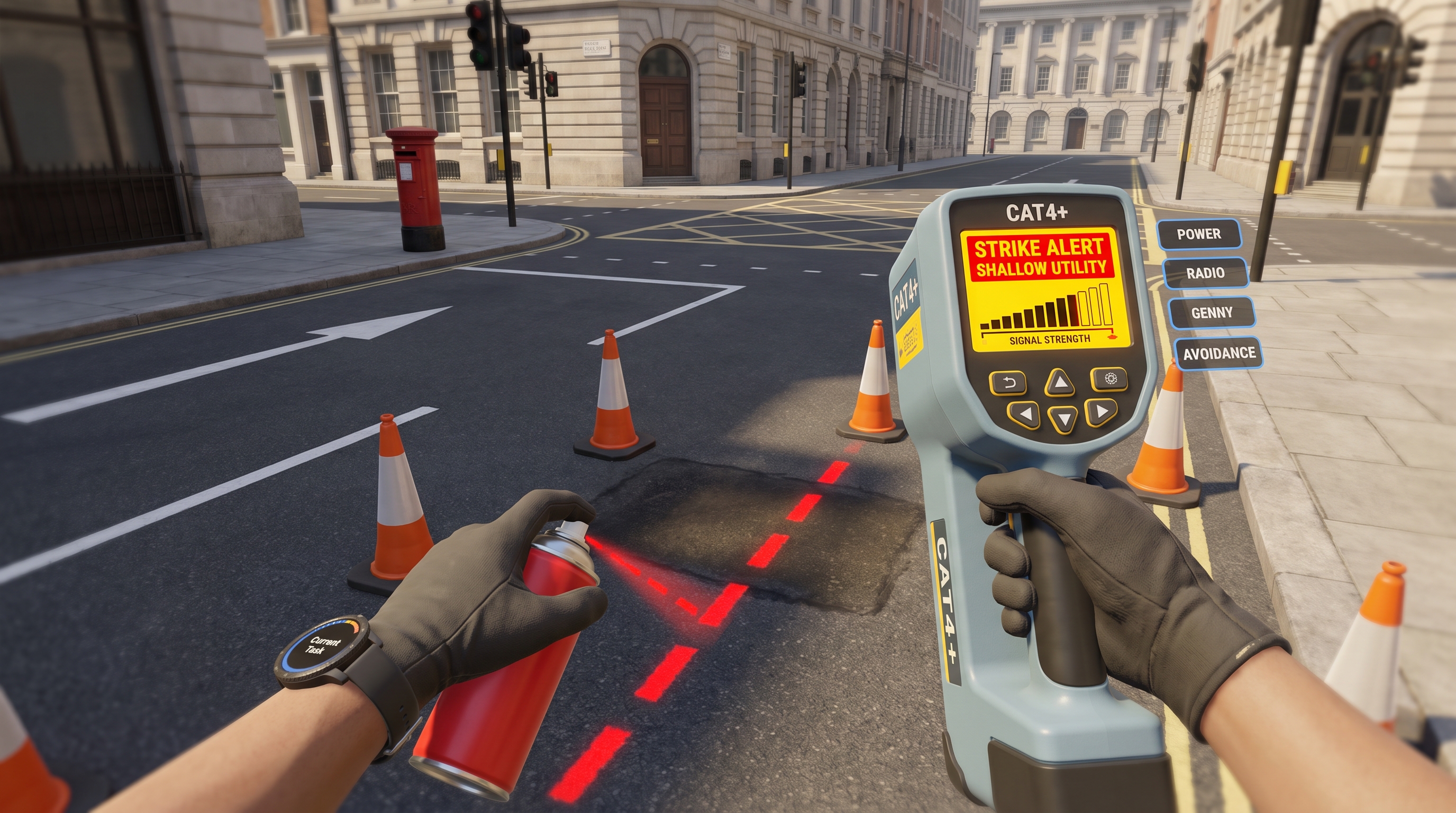 First-person VR view on a clean British street: right hand holds an upright CAT4+ scanner flashing a strike alert while the left hand sprays a red dashed line over a buried cable in an orange-coned work zone.