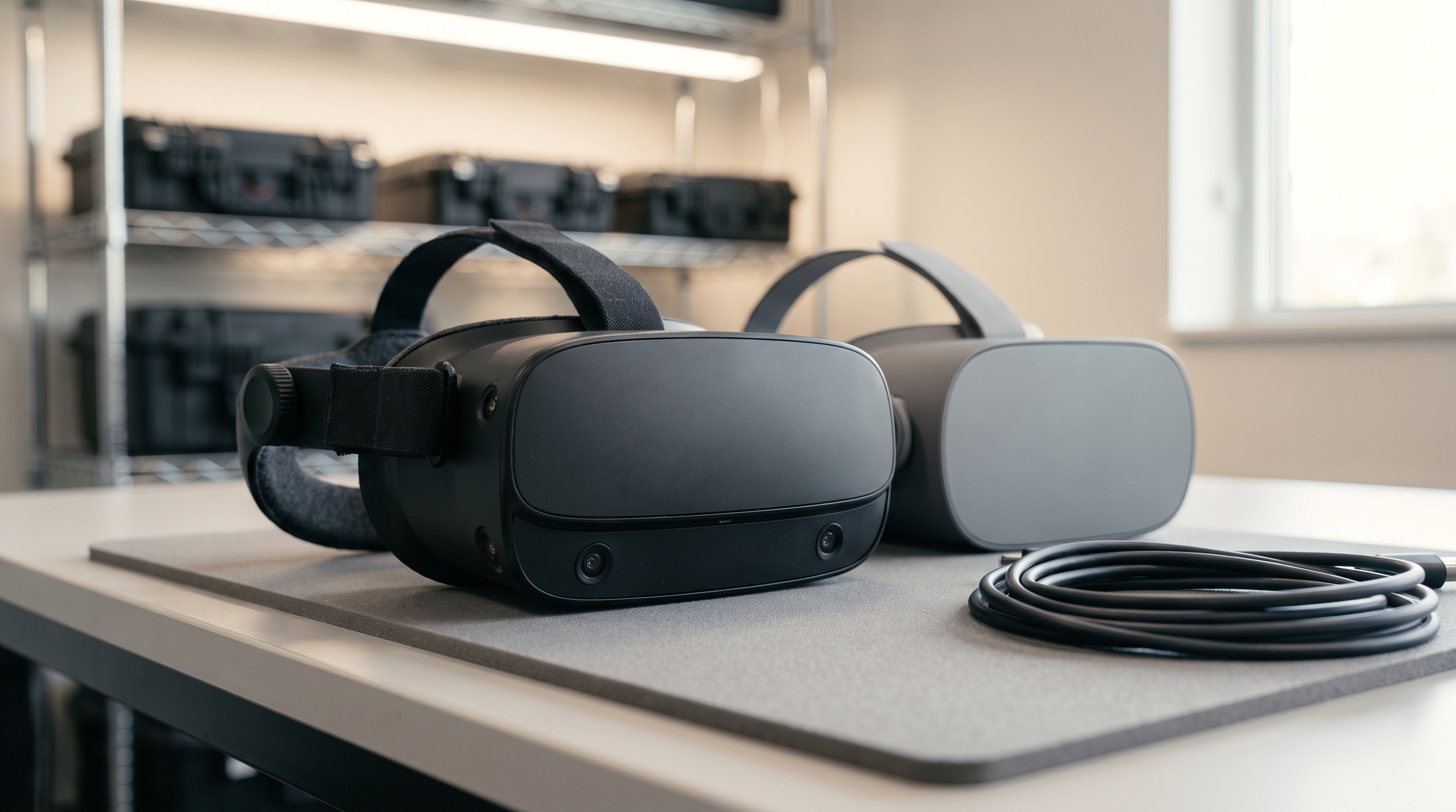 Macro photograph of two different VR headsets resting side by side on a clean equipment table, one with visible front tracking cameras, the other with a plain front plate, in a well-lit equipment room.