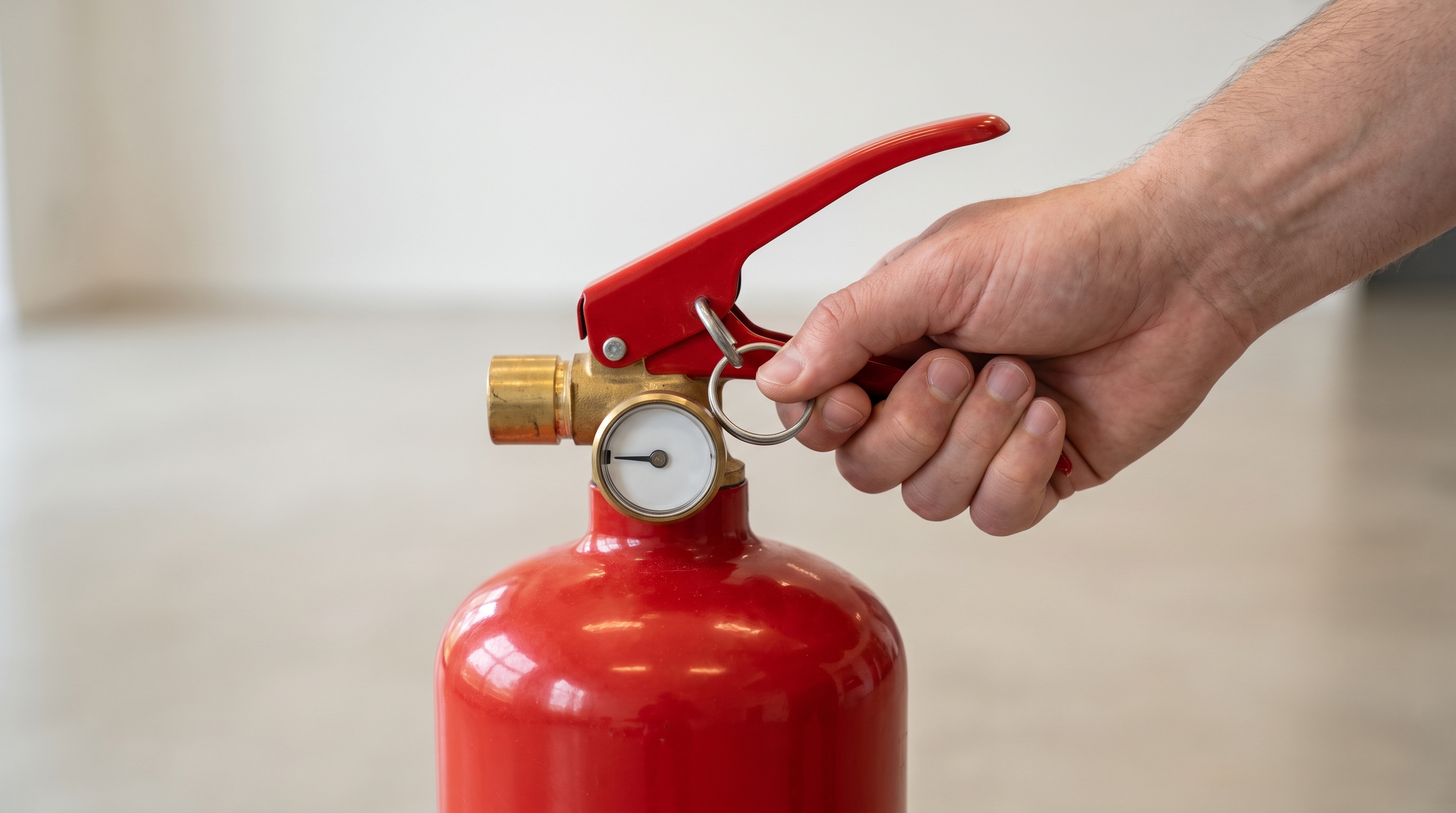 Close-up of a hand pulling the safety pin from a red fire extinguisher in a clean training room.