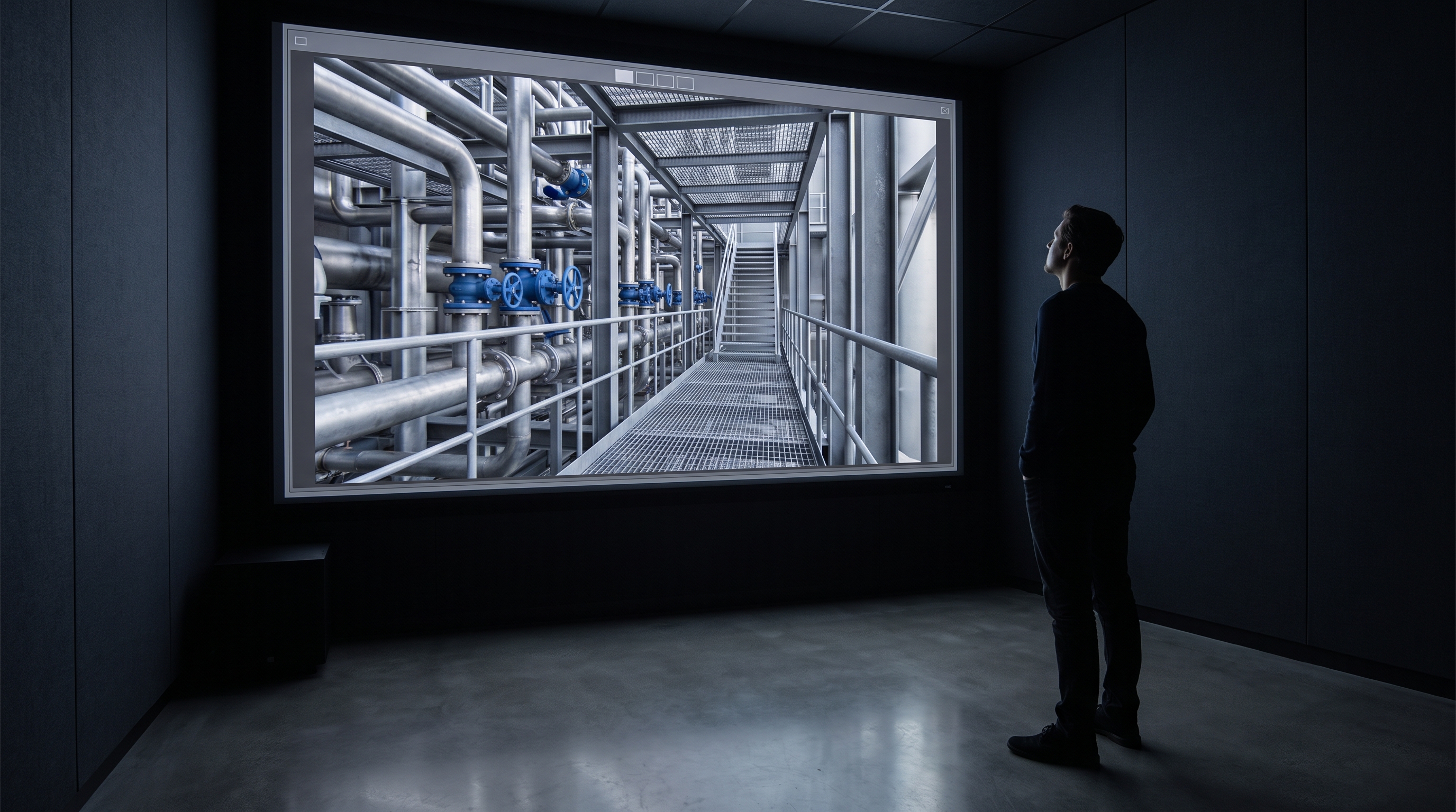 A single person stands in silhouette in a darkened review room, facing a large wall display showing a detailed captured interior model of a building with a thin, minimal navigation interface at its edges.