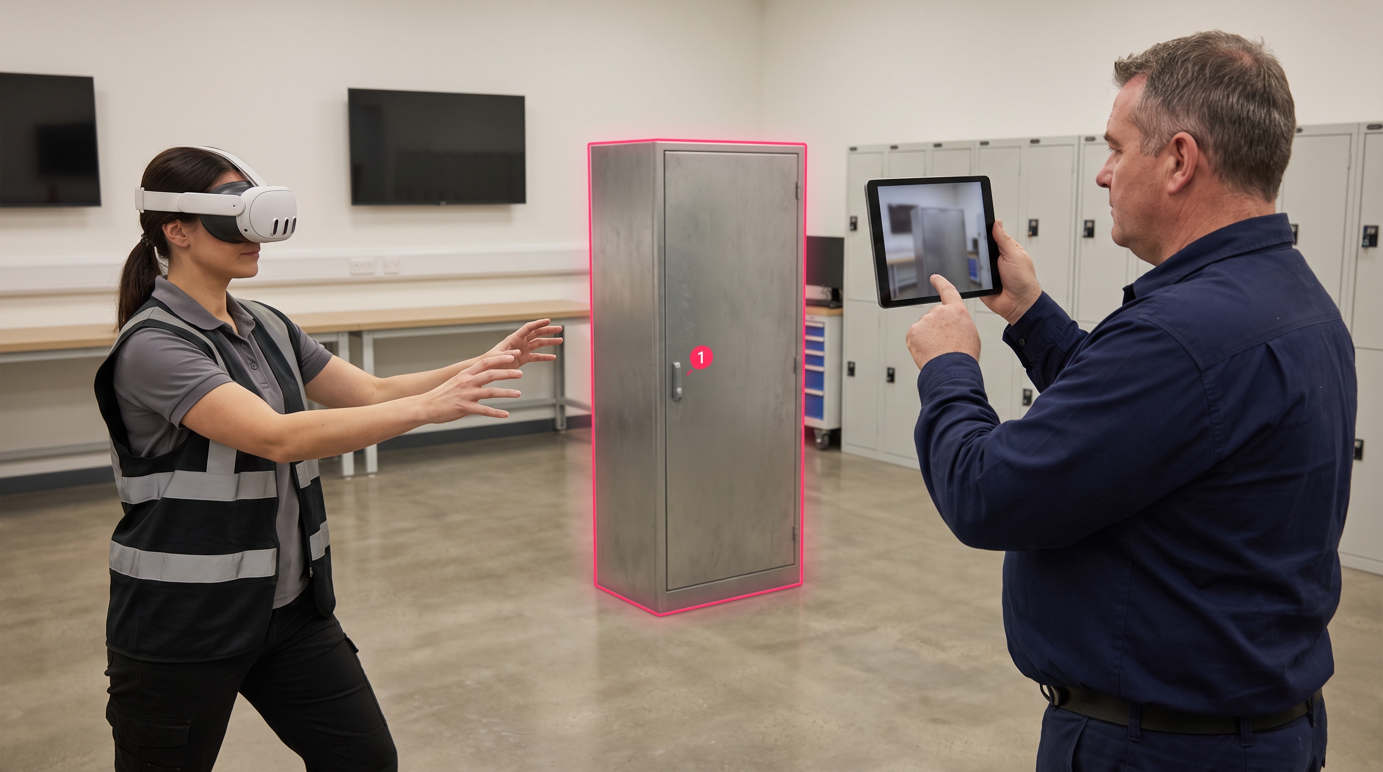 Two safety trainees in an industrial training room, one wearing a VR headset handling a virtual valve assembly, the other holding a tablet showing an augmented reality pipe overlay