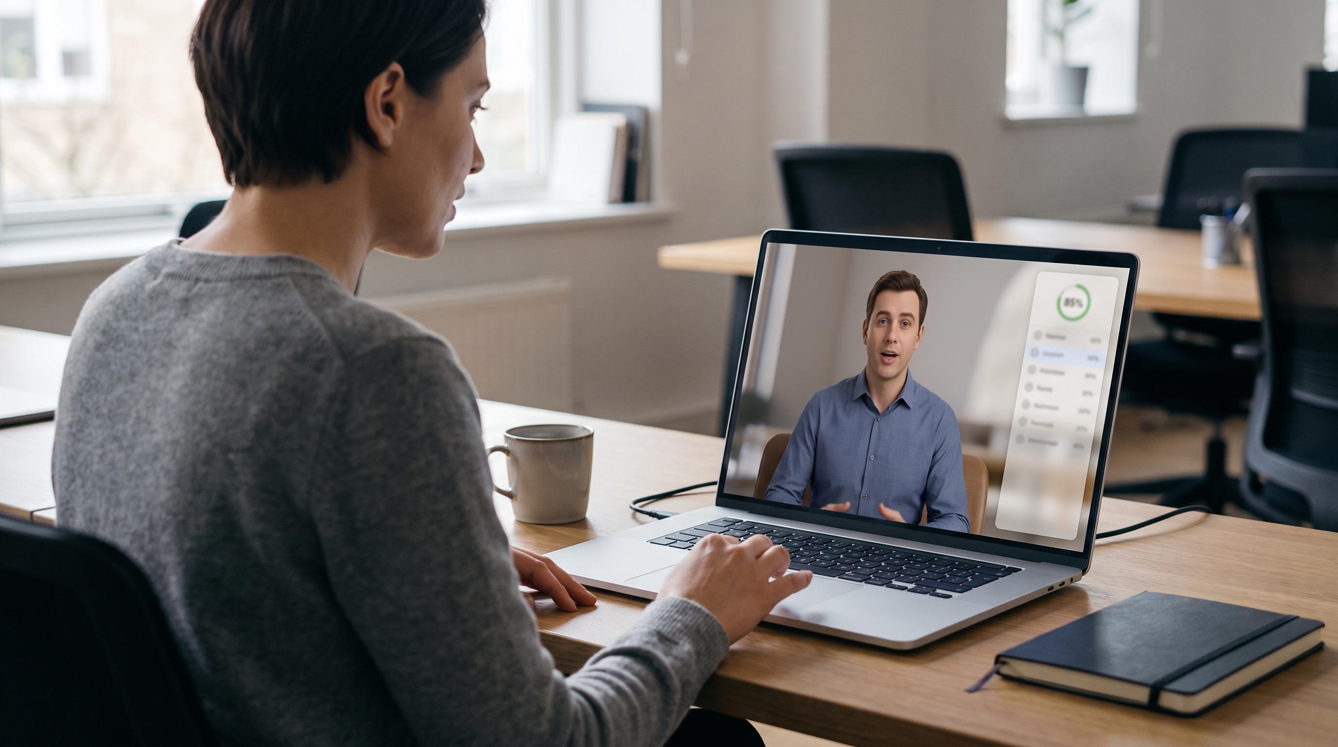Over-the-shoulder close shot of a woman at a laptop in conversation with a photorealistic digital human persona on screen, a soft rubric panel visible along the right edge of the display, in a bright, tidy office.